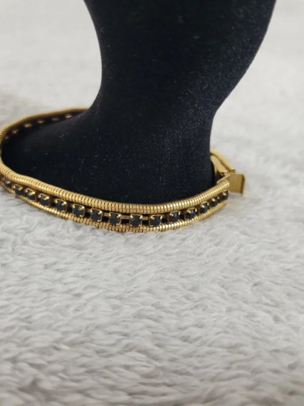 Loren Hope Gold Tone Double Cobra Chain Bracelet Black Crystal Art Deco B17E